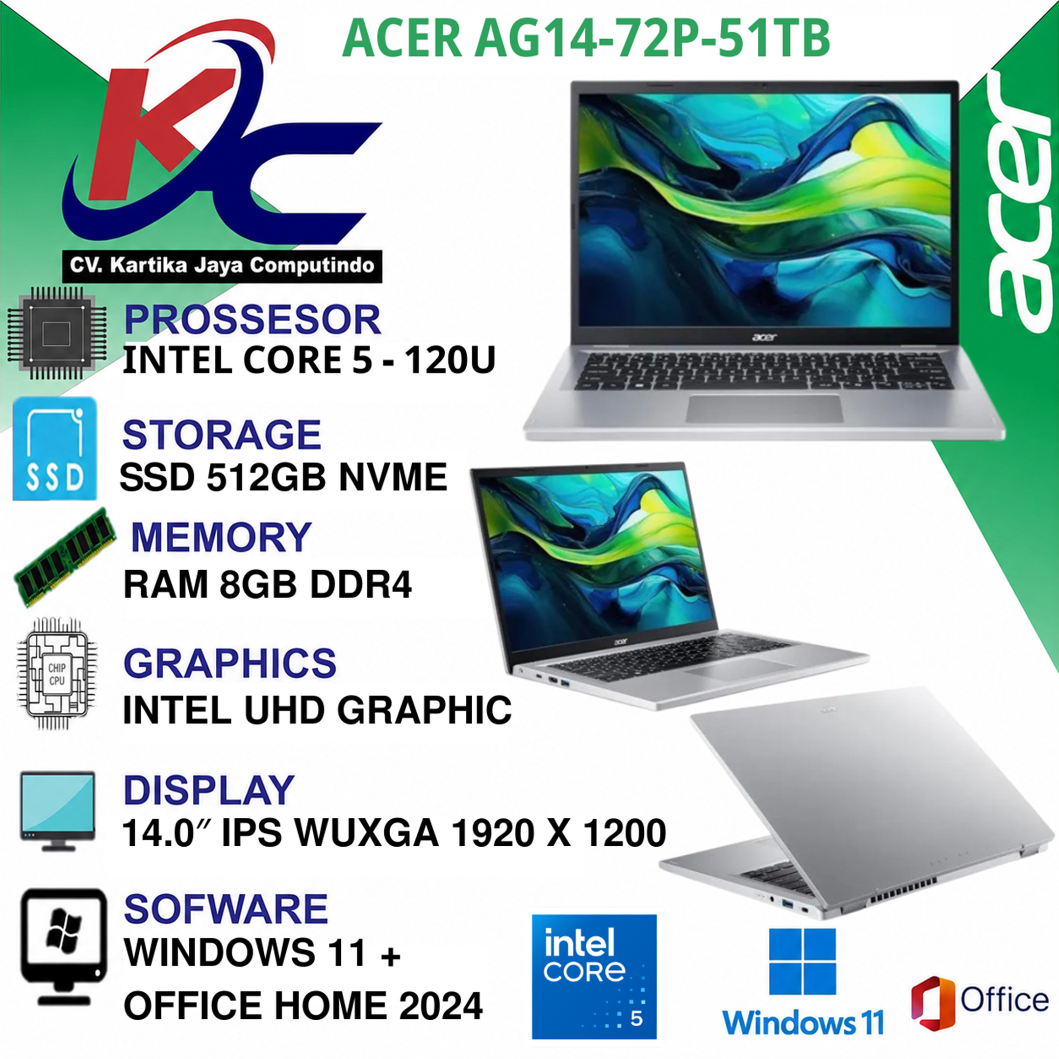 ACER AG14-72P-51TB  CORE 5-120U/ 8GB/ SSD 1TB/ W11 OHS+M365 SILVER